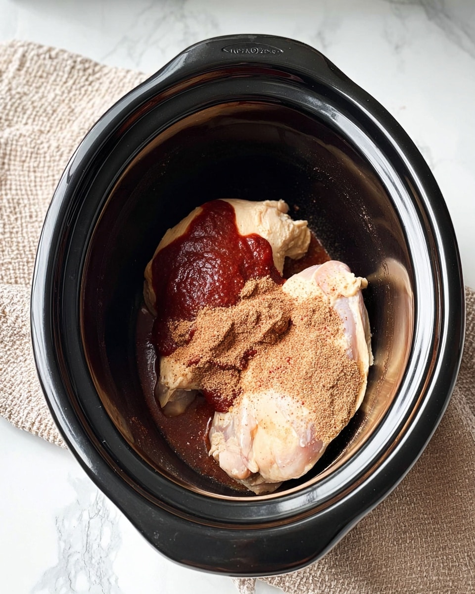 Inside a black slow cooker, there are two pale chicken pieces placed side by side. On top of the chicken, there is a layer of dark red sauce unevenly spread over one piece. Around and over the chicken, light brown powder spice is sprinkled in small piles. The slow cooker is set on a white marbled surface with a beige textured cloth next to it. photo taken with an iphone --ar 4:5 --v 7
