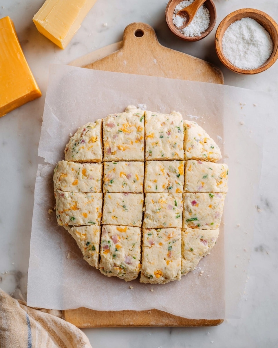 A round dough is placed on a light parchment paper on a wooden cutting board over a white marbled surface. The dough is mixed with bits of orange cheese, green herbs, and small white and pink pieces, giving it a speckled look. It is roughly divided into nine square pieces with visible cuts. Near the top edge, there are small bowls holding white flour, a block of orange cheese, and a wooden bowl with white salt and a wooden spoon. The overall color palette includes cream, orange, green, and light pink tones. photo taken with an iphone --ar 4:5 --v 7