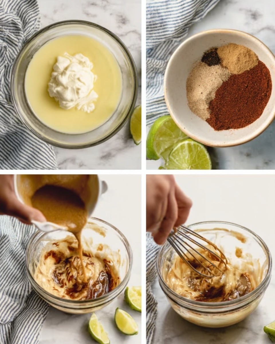 The image shows a small round clear glass bowl on a white marbled surface with a striped towel and lime pieces nearby. In the first frame, the bowl contains a pale yellow liquid base topped with a dollop of white creamy substance. The second frame shows a white bowl pouring multiple dry spices in dark red, beige, and brown colors into the glass bowl. The third frame shows a woman's hand whisk stirring the mixture inside the glass bowl, creating a swirled, blended texture of creamy light beige and dark brown spice colors. Photo taken with an iphone --ar 4:5 --v 7