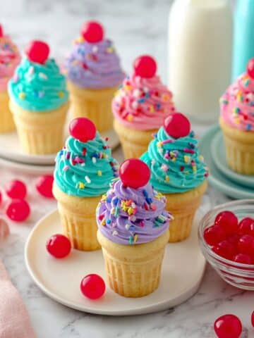 Mini Cone Cupcakes with Vanilla Buttercream and Colorful Sprinkles Recipe