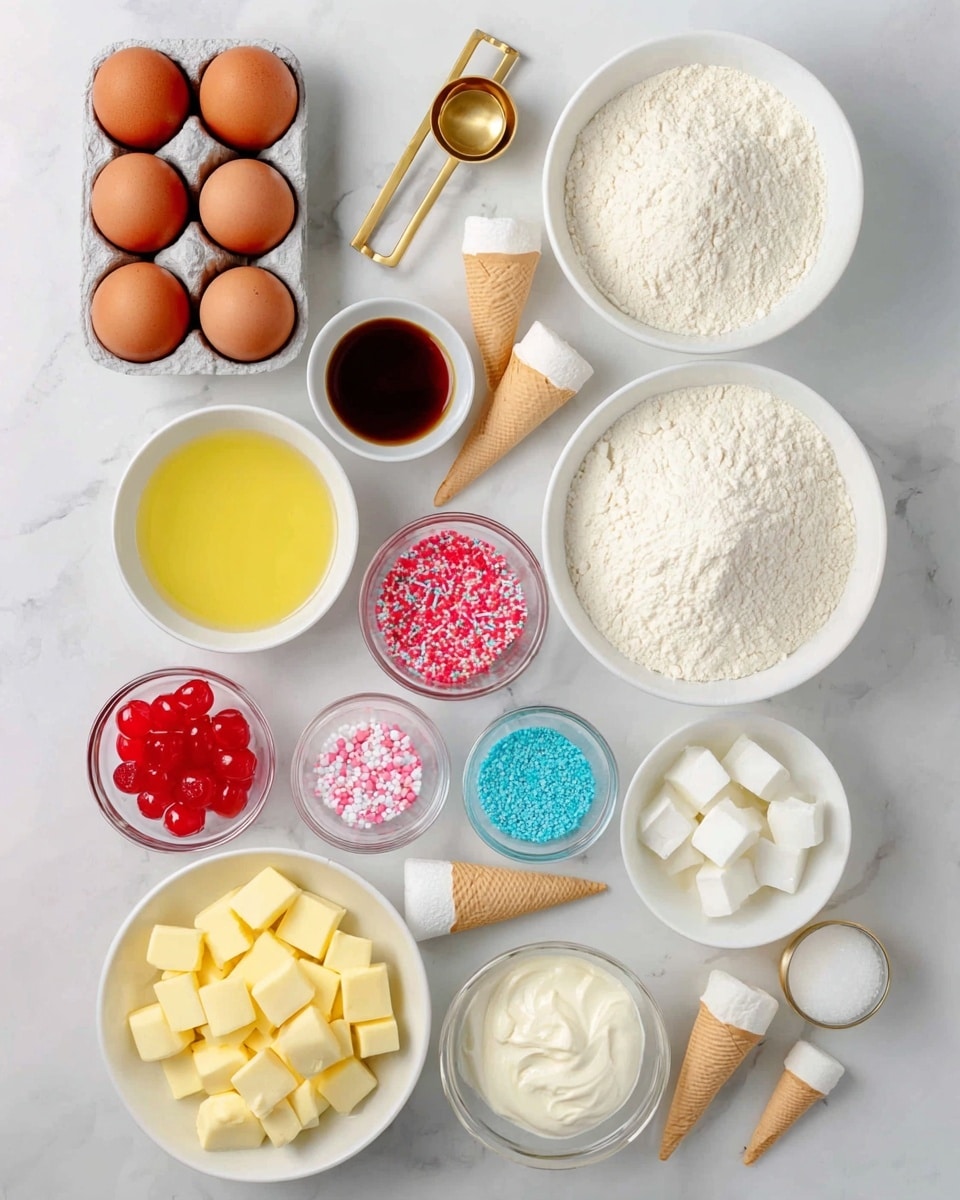 A flat lay of baking ingredients on a white marbled surface showing multiple white bowls and clear glass bowls with different contents. The top left shows a carton of six brown eggs, to the right are two gold measuring spoons with white powders. The top right has a large white bowl filled with flour, next to it a large white bowl with granulated white sugar. Below these are a white bowl with pale yellow liquid (likely oil), a clear bowl with vanilla extract, a clear bowl with white thick cream, and a few small white wafer cones placed casually. Near the center are small clear bowls with bright pink round sprinkles, red cherries, and blue round sprinkles. The bottom left shows a large white bowl with small cubes of butter, and a large white bowl filled with white powdered sugar is on the bottom right. A gold measuring spoon filled with salt lies between the bowls, completing the clean and organized look. Photo taken with an iphone --ar 4:5 --v 7