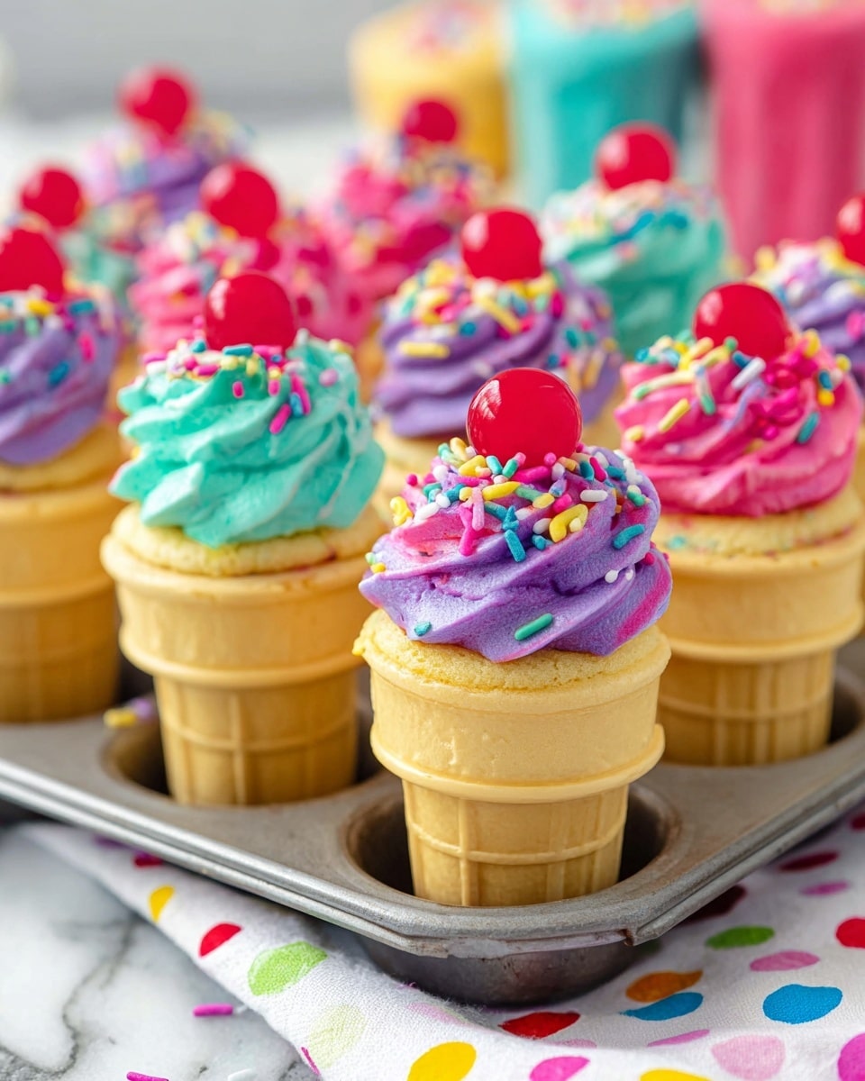 This image shows a group of small cupcakes baked inside light yellow ice cream cones held in a metal tray. Each cupcake has two main layers: the bottom layer is soft yellow cake forming the cone filling, and the top layer is thick swirled frosting in bright colors like purple, pink, and turquoise. The frosting is decorated with round and star-shaped colorful sprinkles in pastel shades, and each cupcake is topped with a shiny red candy shaped like a berry. The background is a white marbled surface with a white cloth that has bright colored polka dots. Photo taken with an iphone --ar 4:5 --v 7
