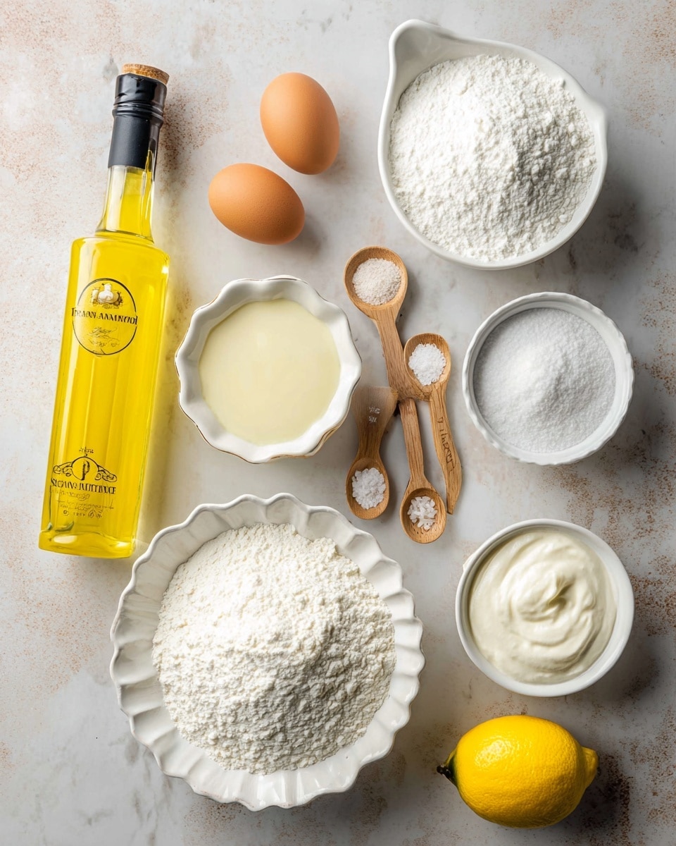 The image shows baking ingredients arranged on a white marbled surface. On the left side, there is a tall yellow bottle of limoncello with a black cap. Next to it are two brown eggs placed side by side. Near the top right, a white bowl with a spout is filled with white powdered sugar. Below the eggs, a small white bowl holds a creamy pale yellow liquid. Centered is a white scalloped bowl full of granulated white sugar. Four small wooden spoons arranged vertically on the right hold white and light brown powders. Toward the bottom left, another white bowl contains thick white cream. At the bottom center, a white scalloped bowl overflows with white flour. A bright yellow lemon lies on the right just above the edge of the image. photo taken with an iphone --ar 4:5 --v 7