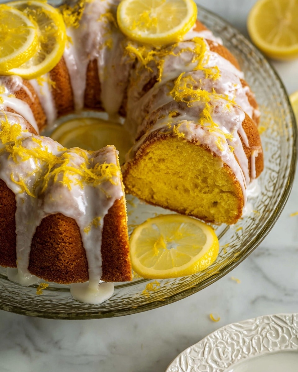 A sliced yellow bundt cake with a soft, moist texture is arranged in a circle on a clear glass plate. The cake has a white glaze drizzled thickly over the top of each slice, slightly dripping down the sides. Bright yellow lemon zest strands are sprinkled on the glaze, adding a fresh and textured look. Around the cake on the plate, thin lemon slices serve as garnish. The whole setup is placed on a white marbled surface, and part of a white plate with an embossed rim appears at the bottom right. Photo taken with an iphone --ar 4:5 --v 7