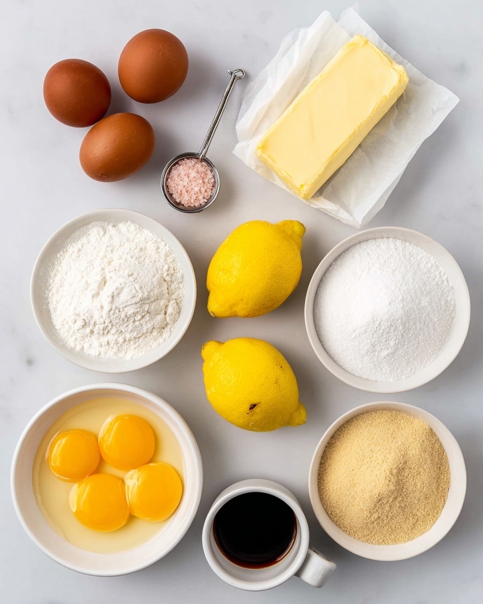 The image shows a clean white marbled surface with baking ingredients neatly placed. There are four brown eggs in the top left corner and a block of pale yellow butter wrapped in white paper on the top right. Below the eggs is a small metal measuring spoon filled with a tiny amount of pink salt. Three bright yellow lemons sit side by side in the center. On the left and right of the lemons are two white bowls filled with white powders; the left one has powdered sugar and the right one has flour. At the bottom left, there is a white bowl with four egg yolks. In the middle bottom, a white cup filled with dark brown vanilla extract is present, and to its right is a white bowl filled with light brown sugar. Photo taken with an iphone --ar 4:5 --v 7