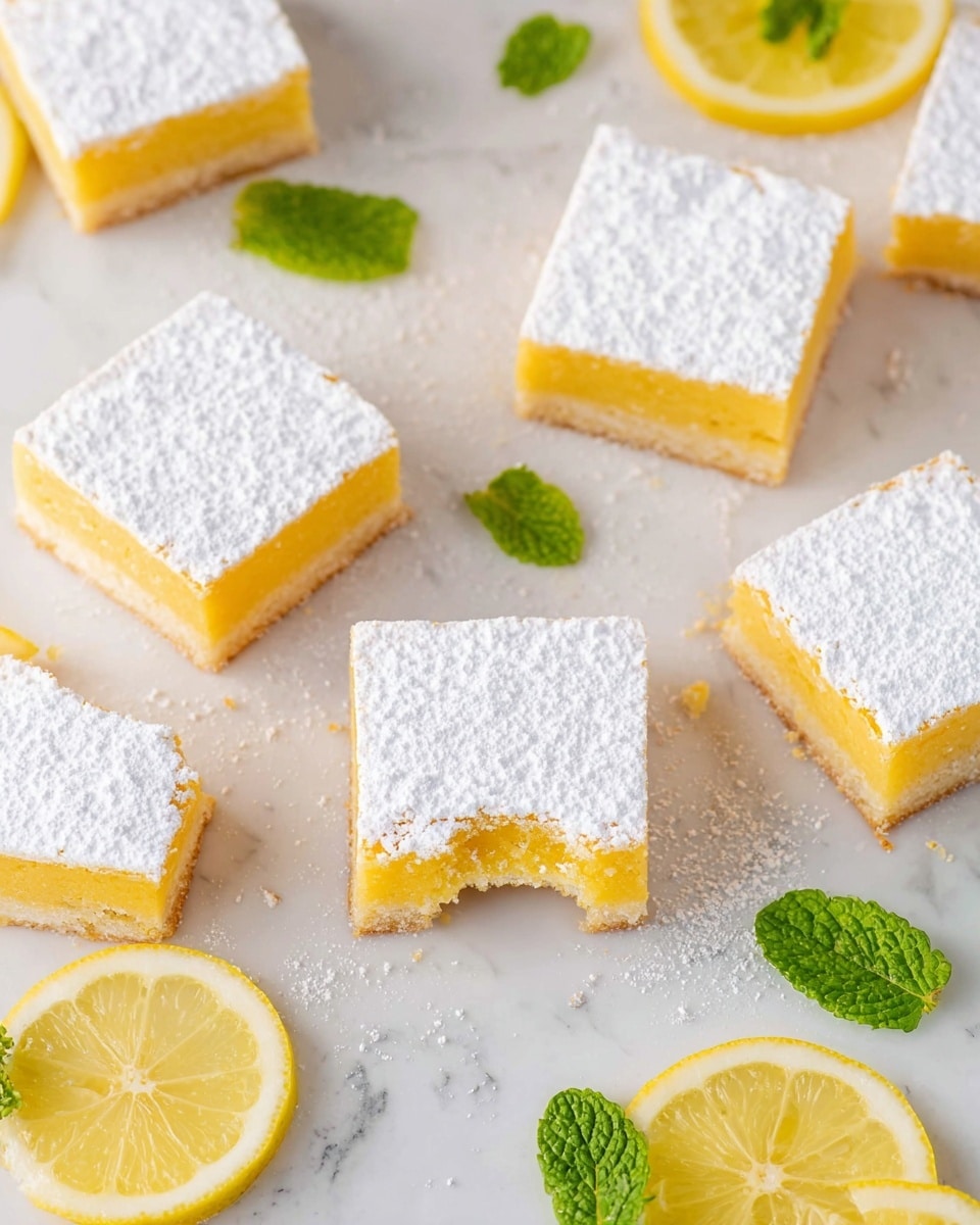The image shows several square lemon bars arranged on a white marbled surface; each bar has two visible layers: a golden yellow bottom layer and a thick white powdered sugar layer on top, giving them a soft, powdery texture. Some lemon slices and bright green mint leaves are scattered around the lemon bars, adding fresh colors and contrast. One lemon bar has a visible bite taken out of the corner, revealing the smooth yellow layer inside. The overall setting is bright and clean with soft natural lighting highlighting the textures and colors of the lemon bars, lemon slices, and mint leaves. Photo taken with an iphone --ar 4:5 --v 7