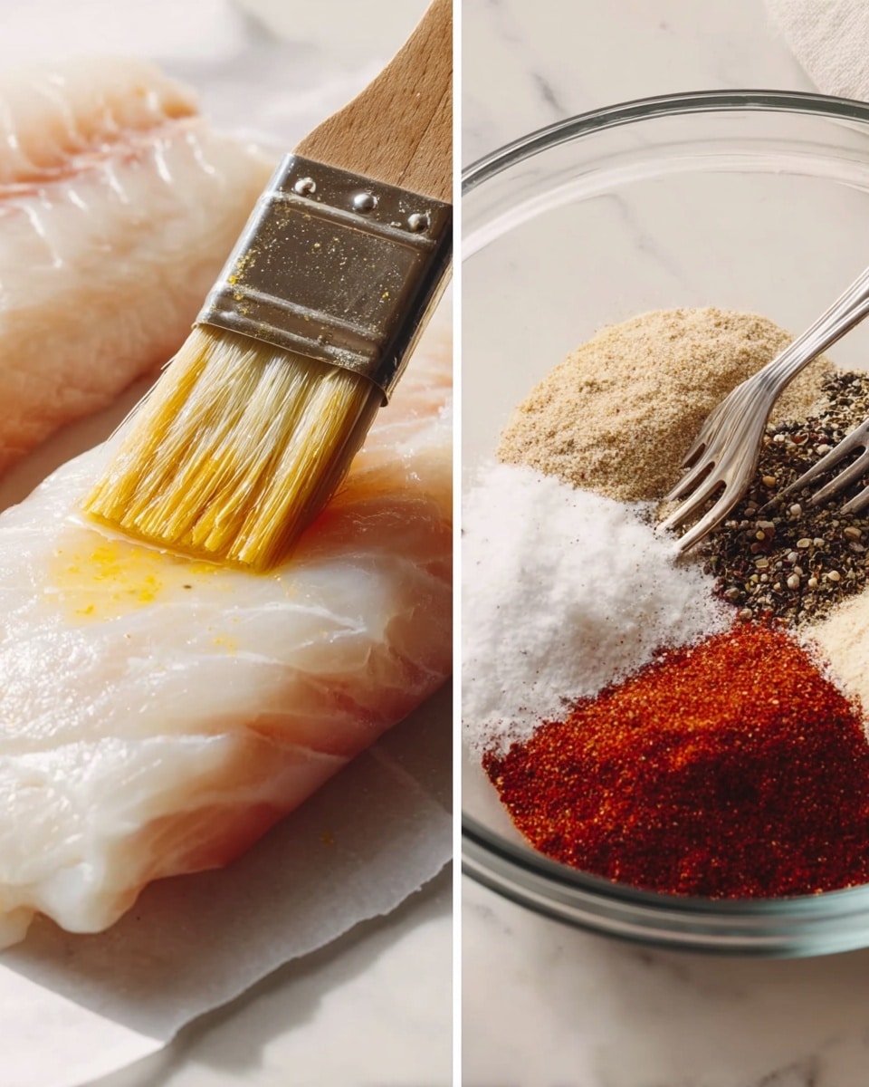 The image shows two side-by-side close-up photos on a white marbled surface. On the left, a white fish fillet with a smooth texture and slight pinkish tones is laid flat on white paper, while a brush with a wooden handle and yellow bristles lightly applies a glossy, yellow oil over the top surface of the fish. On the right, a clear glass bowl holds a mixture of dry spices arranged in separate piles: black pepper, white salt, dark red paprika, and light beige garlic powder. A silver fork is dipping into the red paprika. Both parts of the image have soft natural lighting and clear focus, photo taken with an iphone --ar 4:5 --v 7