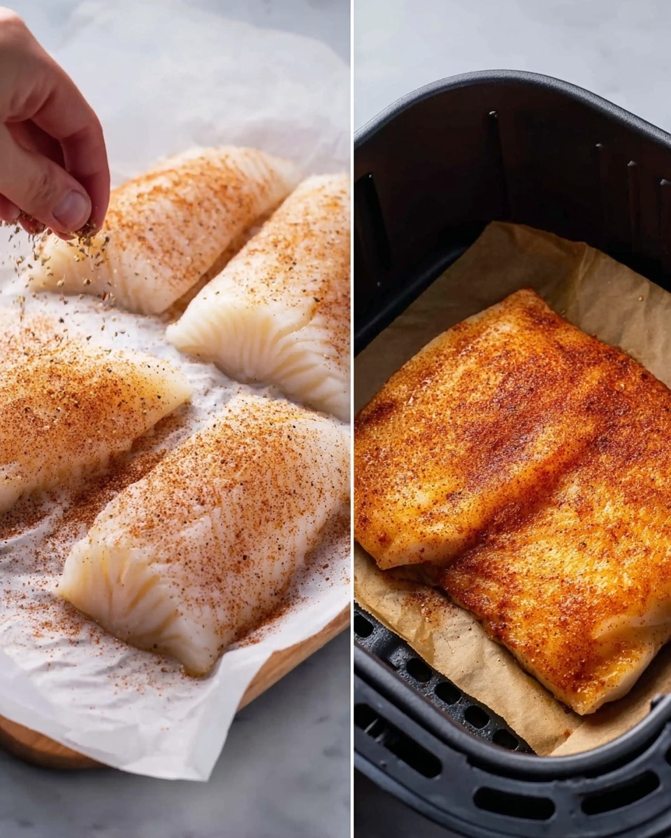 The left side shows three raw white fish fillets on white parchment paper over a white marbled surface. A woman's hand sprinkles a mix of fine reddish-brown and black spices over the top fillet, creating a light dusting effect. The fish has a smooth, slightly shiny texture with gentle ridges. On the right side, a single fish fillet is fully covered in the reddish-brown spice mix and appears cooked with a slightly crisp, browned texture, resting inside a black air fryer basket with visible holes and ridges. photo taken with an iphone --ar 4:5 --v 7