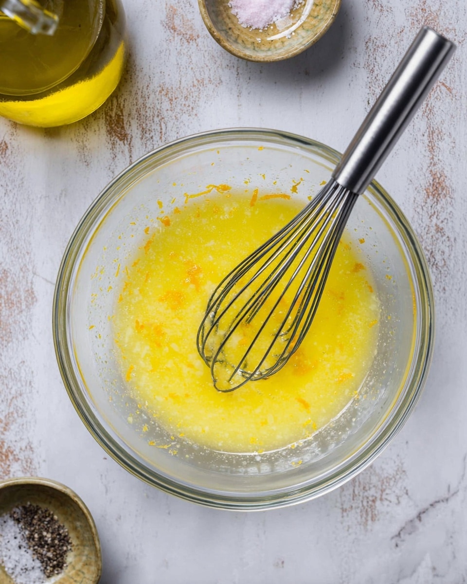 A clear glass bowl sits on a white marbled surface, holding a light yellow mixture with small bits of zest floating in it. Inside the bowl is a silver whisk with a black handle mixing the bright yellow liquid. Around the bowl, small dishes with coarse salt and pepper, and a glass container with olive oil are partially visible, all placed on the textured white marble background. photo taken with an iphone --ar 4:5 --v 7