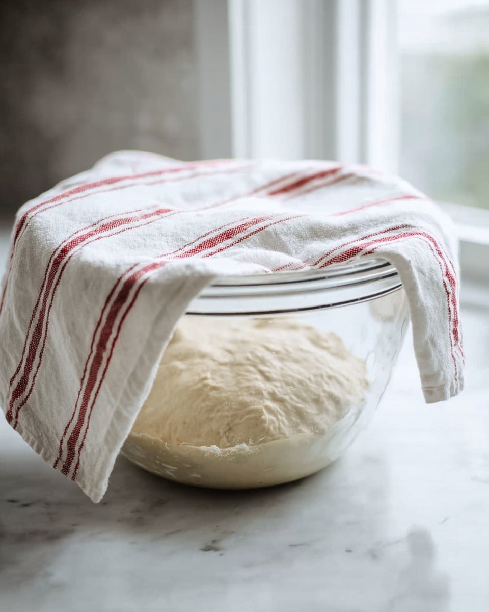 A clear glass bowl filled with light beige dough resting inside, covered by a white cloth with thin red stripes draped over the top and sides, sitting on a white marbled surface with soft natural light coming from a window in the background photo taken with an iphone --ar 4:5 --v 7