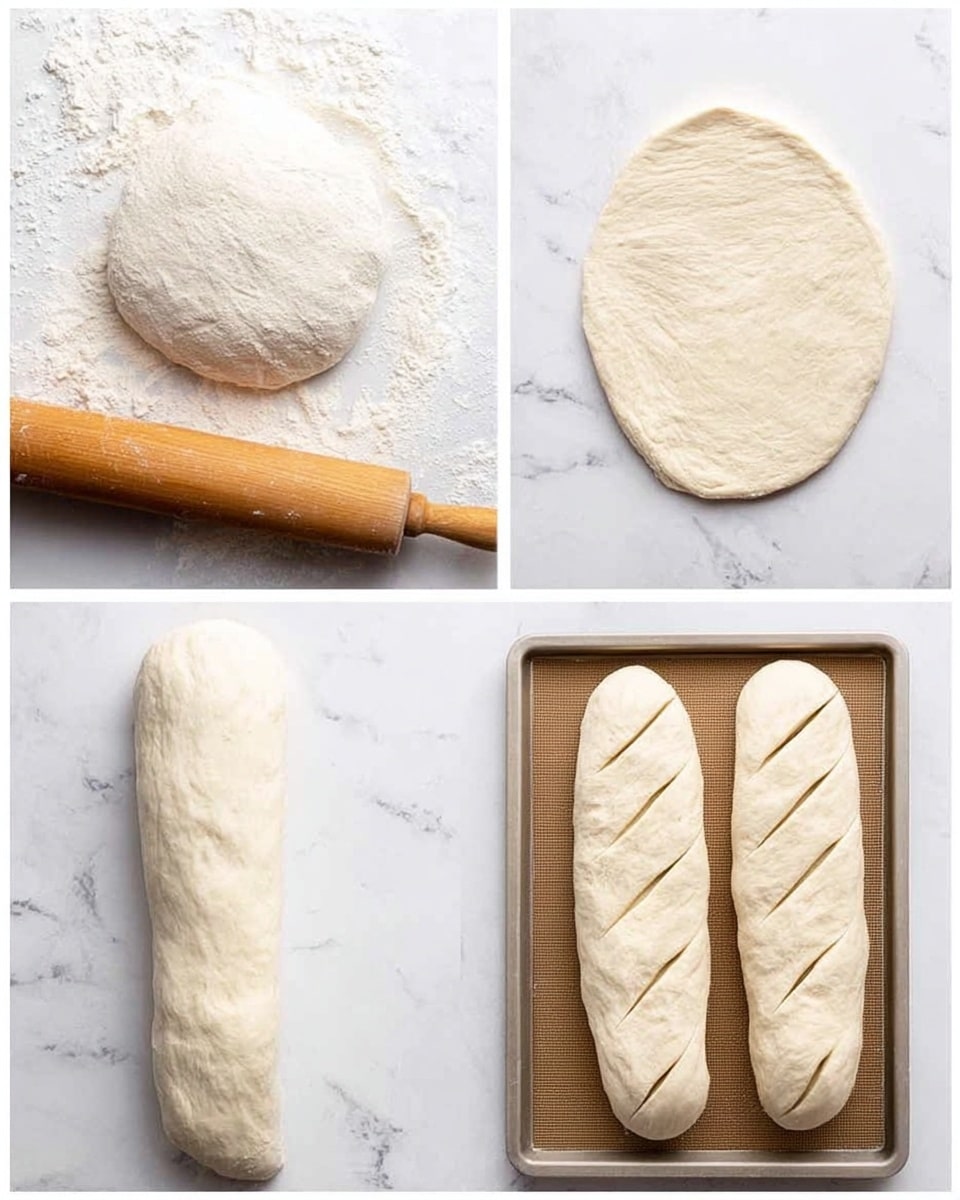 The image is divided into four parts showing steps of bread dough preparation on a white marbled surface. The top left shows a rough round dough flattened with a wooden rolling pin partly visible on the bottom left. The top right part shows the dough stretched into a thinner, uneven round shape near the same wooden rolling pin on the left side. The bottom left shows the dough rolled up into a long cylindrical shape with uneven edges. The bottom right shows two smooth, elongated dough loaves placed on a baking tray lined with a silicone mat, each loaf with three diagonal slashes on top. photo taken with an iphone --ar 4:5 --v 7