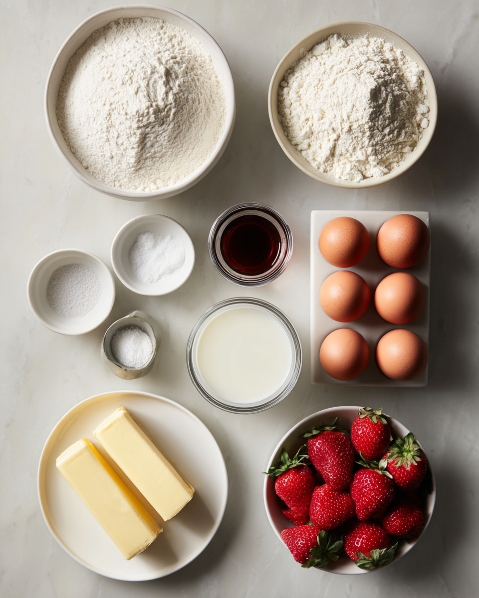 The image shows an overhead view of baking ingredients on a white marbled surface. There are ten items arranged neatly: two white bowls filled with white flour, placed on the left and right top sides. Below them are two small bowls with white sugar and salt. A small glass jar with dark vanilla extract is centered between them. To the right, a white plate holds six brown eggs stacked in a slight pyramid. At the bottom center is a clear glass filled with milk. On the bottom right, a white bowl is filled with fresh red strawberries with green leaves. Finally, on the bottom left, a white plate holds three yellow sticks of butter. All items are evenly spaced, presenting a clean and organized look photo taken with an iphone --ar 4:5 --v 7
