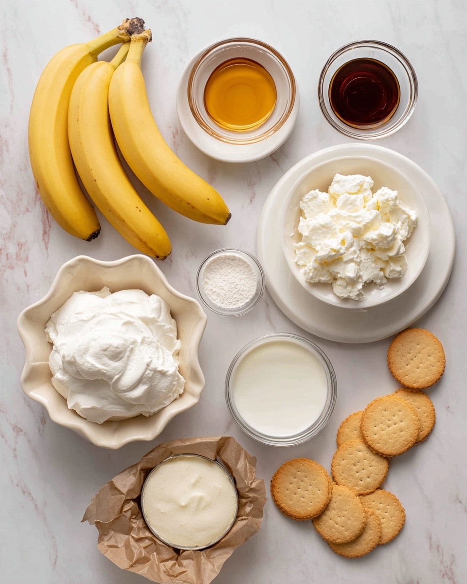 The image shows several ingredients arranged on a white marbled surface, ready for a recipe. In the top left, there are three whole yellow bananas with smooth skins. Below the bananas is a small white bowl with golden maple syrup. To the right, there is a white plate holding two clear glass bowls: one with dark brown vanilla extract and the other with white milk. Near the bottom left is a scalloped white bowl filled with fluffy whipped cream. In the center is a silver container holding white vanilla instant pudding mix, partially wrapped in crumpled brown paper. To the right of the pudding mix is a light beige bowl filled with white cottage cheese that has a slightly lumpy texture. Scattered around and mostly on the right and bottom of the image are light golden vanilla wafer cookies, some on a large white scalloped plate and some on the marbled surface. photo taken with an iphone --ar 4:5 --v 7