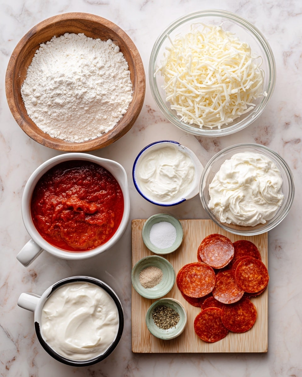 The image shows various ingredients for cooking placed on a white marbled surface. There is a wooden bowl filled with white flour at the top left, next to a white bowl with a blue rim holding creamy white Greek yogurt or cottage cheese on the right. Below the flour, a clear glass bowl contains shredded white mozzarella cheese. In the middle, a small white bowl with a green rim has white baking powder. To the right on a wooden board, there are small bowls with Italian seasoning, garlic powder, salt, and a white bowl filled with many slices of pepperoni. At the bottom left, a white cup with a black rim is full of red pizza sauce, showing a thick texture. All items are neatly arranged. photo taken with an iphone --ar 4:5 --v 7
