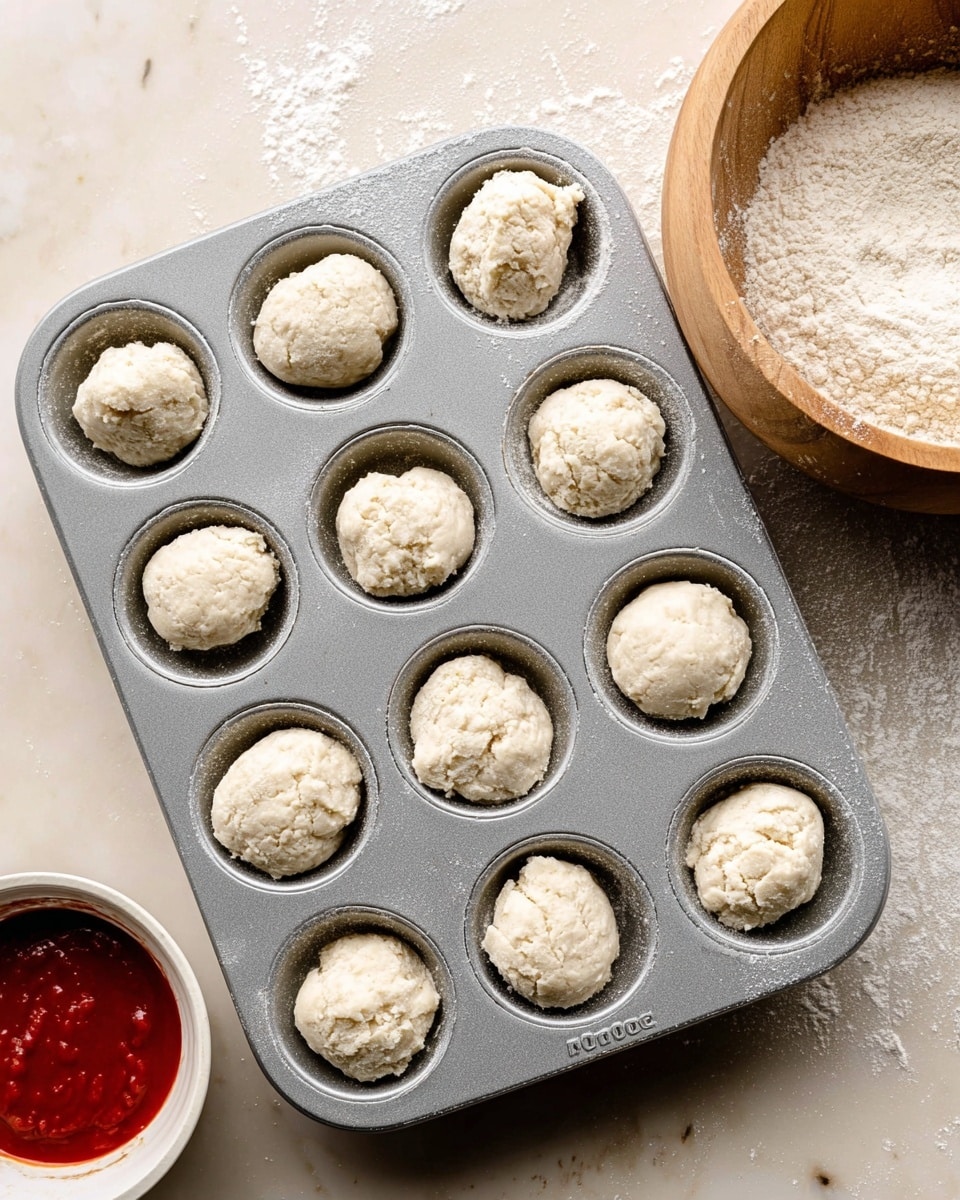 The image shows a gray muffin tray filled with twelve uneven round dough balls placed inside each cup. The dough is pale cream in color with a rough, slightly crumbly texture. The tray rests on a white marbled surface with light flour dust scattered around. On the right side, there is a partial view of a wooden bowl with flour dust inside it, and on the bottom left a small white bowl with red sauce is visible. Photo taken with an iphone --ar 4:5 --v 7