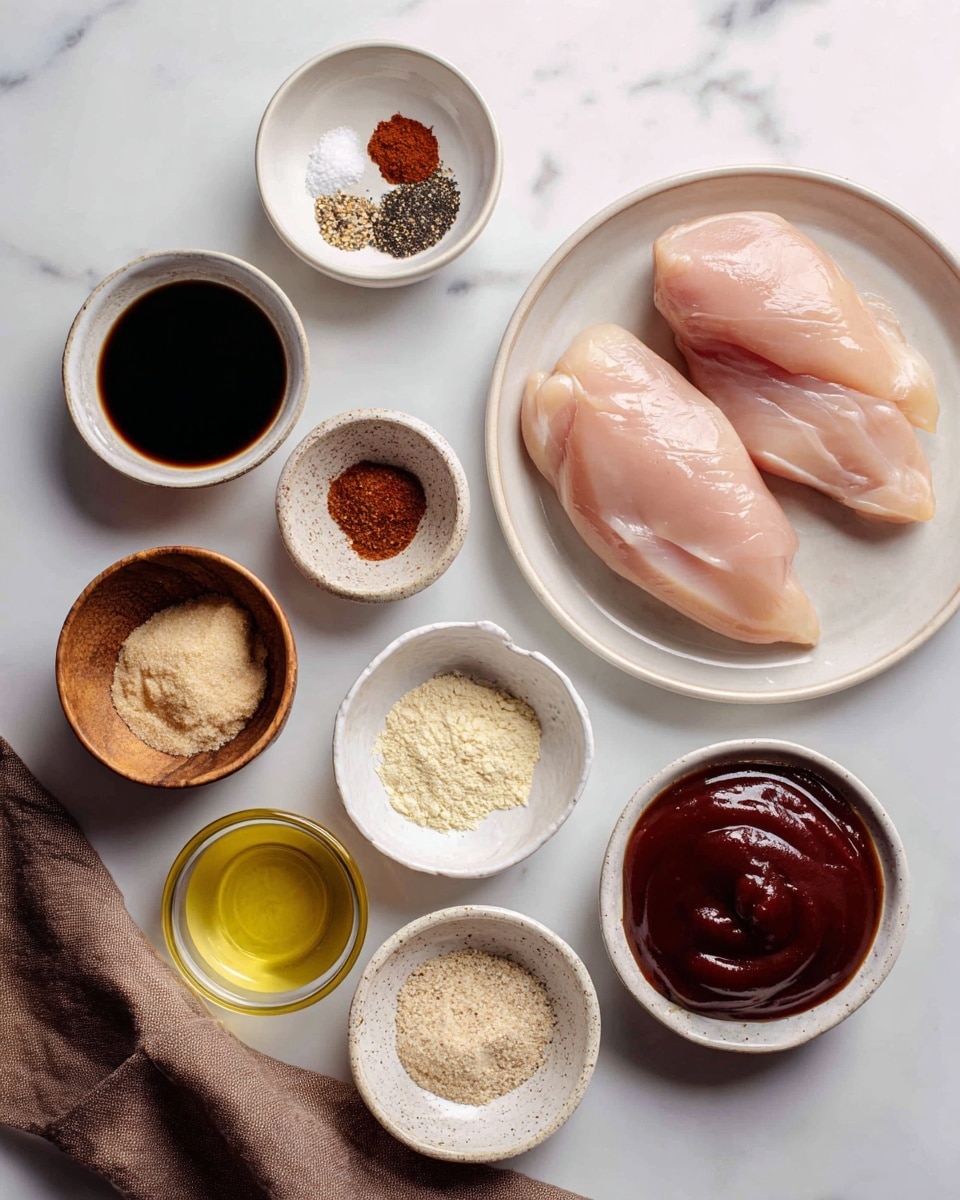 The image shows eight small dishes arranged on a white marbled surface with various ingredients. In the center-right, two raw pale pink chicken breasts lie on a white plate. Above them, from left to right, are small white bowls with dark brown Worcestershire sauce, light brown black pepper, and reddish paprika. To the left, a small brown bowl holds light brown brown sugar, and below it, a white bowl contains a pale yellow garlic powder. Near the bottom center, a clear bowl of light golden olive oil and a small speckled white bowl with light tan onion powder are placed. A white bowl filled with thick, dark reddish-brown barbecue sauce sits near the center-left. A brown cloth is folded to the far left edge of the image. The photo taken with an iphone --ar 4:5 --v 7