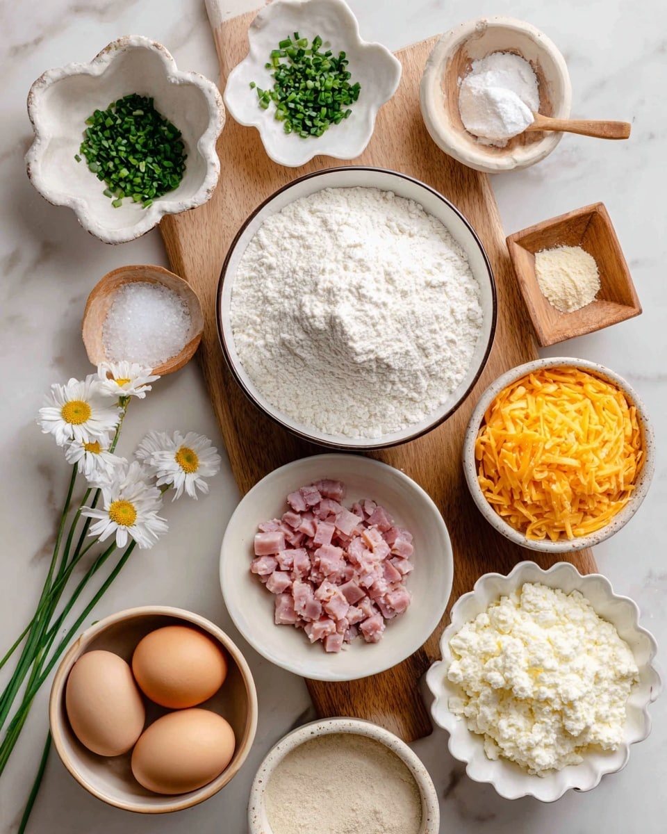 A collection of cooking ingredients is arranged on a white marbled surface with a wooden cutting board beneath some bowls. In the center, a white bowl with a thin black rim is filled with a large mound of white flour. To the bottom left, a beige bowl holds two brown eggs. Below the flour bowl, a white bowl is filled with small chopped pink ham pieces. Above the ham is a small white flower-shaped dish with white baking powder. To the upper left, a small white flower-shaped dish contains finely chopped green chives. To the right of the flour bowl, a small beige bowl is filled with bright orange shredded cheddar cheese. A small wooden bowl with a wooden spoon holds coarse white salt just above the cheese. Below the salt, a small white square dish contains light beige garlic powder, and below that, a small white bowl has a light powdered ingredient labeled onion powder. Finally, on the right, a white scalloped bowl is filled with white, lumpy cottage cheese. Photo taken with an iphone --ar 4:5 --v 7