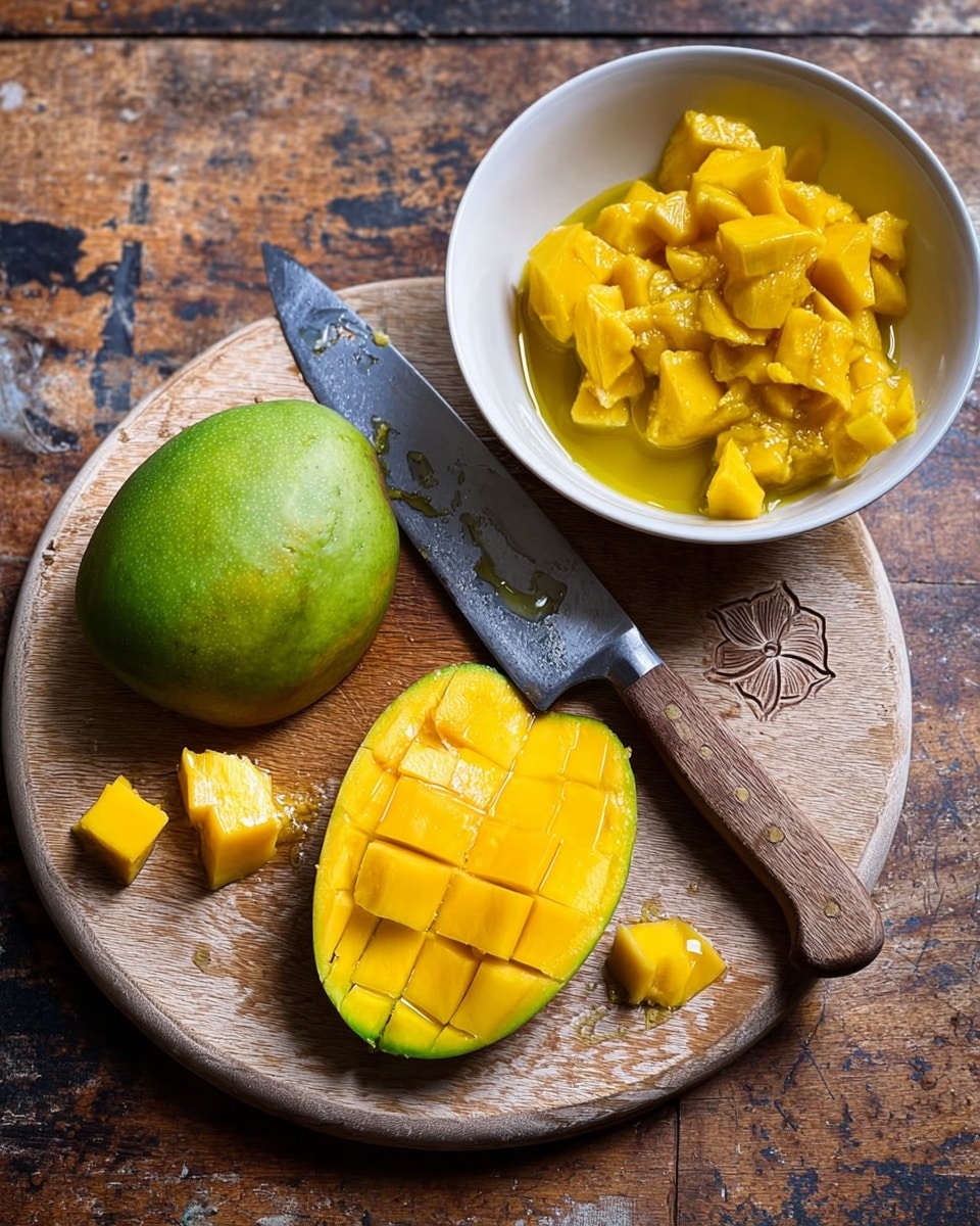 A rustic round wooden cutting board with a carved flower detail holds a peeled mango and a large knife with a wooden handle and a shiny wet blade. The mango is sliced in half: one half scored with a grid pattern showing bright yellow, juicy flesh, the other half fully peeled exposing smooth yellow flesh with a chunk removed and placed on the green mango skin next to it. To the right, a white bowl is filled with irregular chunks of yellow mango in juice. The surface under everything is a dark wood with worn spots. Photo taken with an iphone --ar 4:5 --v 7