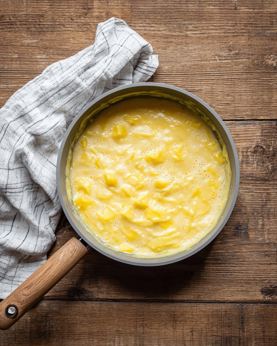 A round pan with a light gray inside and a wooden handle holds a thick yellow mixture with soft chunks and a slightly frothy texture on the surface, placed on a wooden table. Next to the pan, there is a white and gray striped cloth casually folded. The image has a warm and natural light, showing the bright yellow food clearly against the rustic wood. photo taken with an iphone --ar 4:5 --v 7
