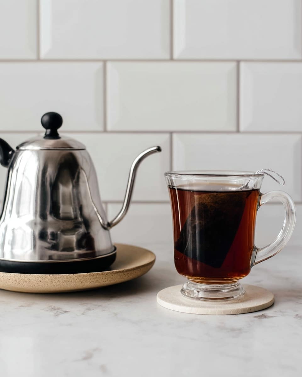 The image shows a clear glass mug filled with dark brown tea, with a tea bag inside visible near the top, resting on a white marbled surface. To the left, there is a shiny silver metal kettle with a curved spout and black handle, sitting on a round beige saucer that matches the white marbled surface and plain white tile background, creating a clean and simple look. photo taken with an iphone --ar 4:5 --v 7