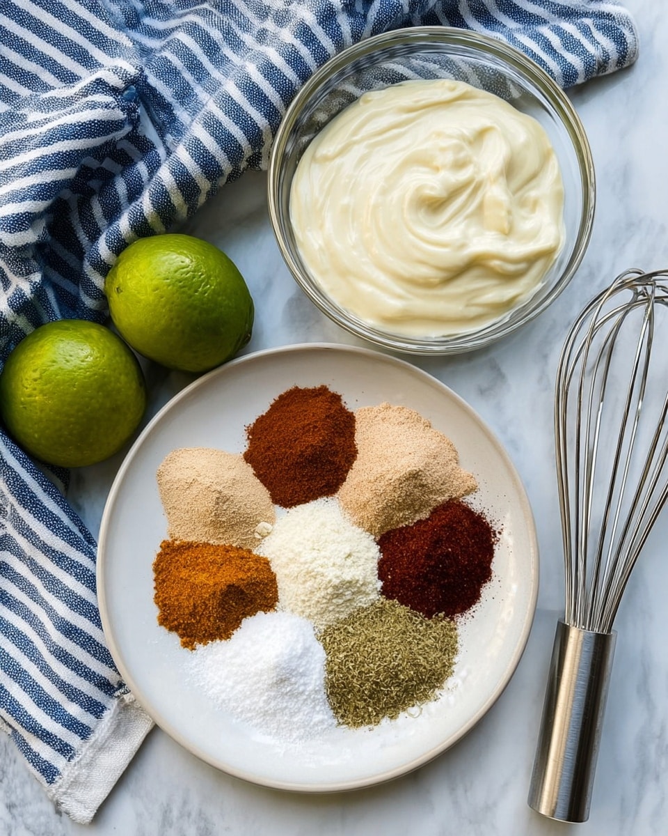 The image shows a white plate with seven piles of different spices arranged in a circle, each pile having its own color and texture: light beige, dark brown, white, reddish-brown, dark green, pale yellow, and deep red. Above the plate, there are two glass bowls—one smaller bowl filled with a creamy light yellow sauce and one larger bowl with a thick white creamy mixture. Two green limes are placed on the left side of the plate. A metal whisk lies on the bottom right side of the image, and a blue and white striped cloth is draped above the glass bowls. All items are set on a white marbled surface. photo taken with an iphone --ar 4:5 --v 7